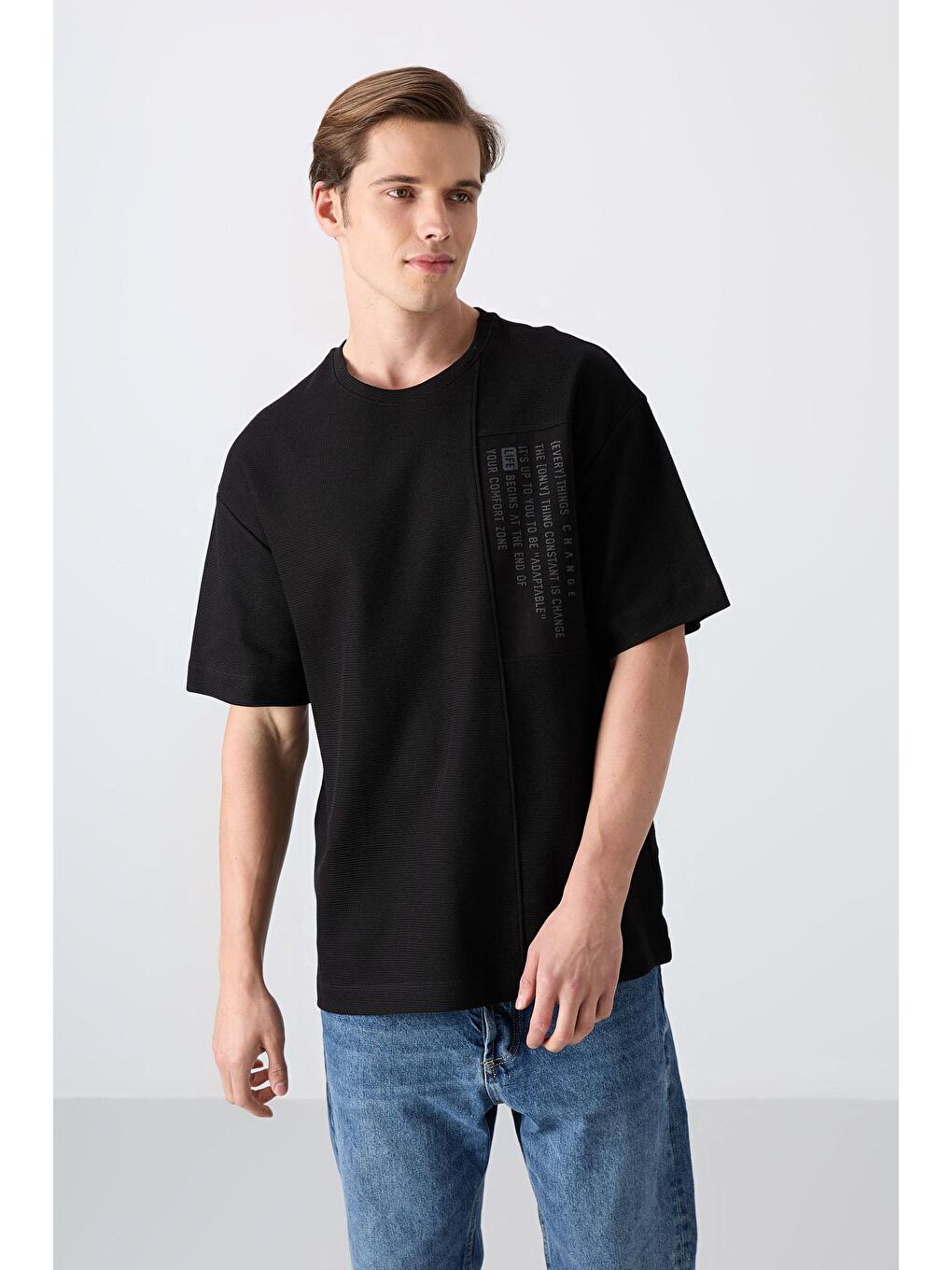 TOMMYLIFE Siyah Pamuklu Kalın Yüzeyi Dokulu Oversize Fit Baskılı Erkek T-Shirt - 88338 - 3