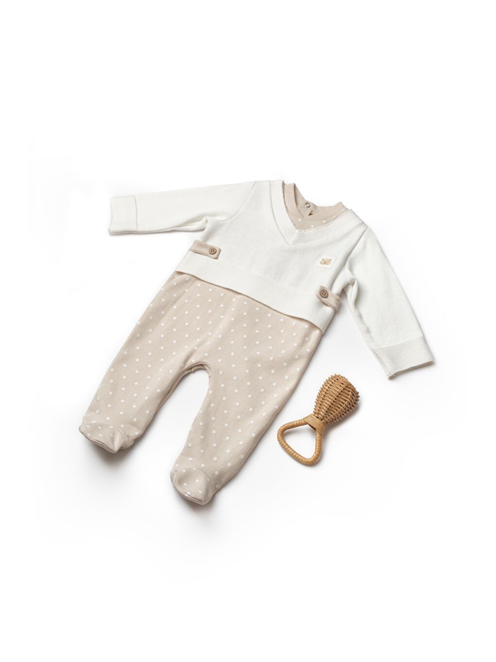 Karışık Erkek Bebek Pamuklu Bej Takım Görünümlü Tulum - Puantiyeli Ve Triko Yaka Detaylı