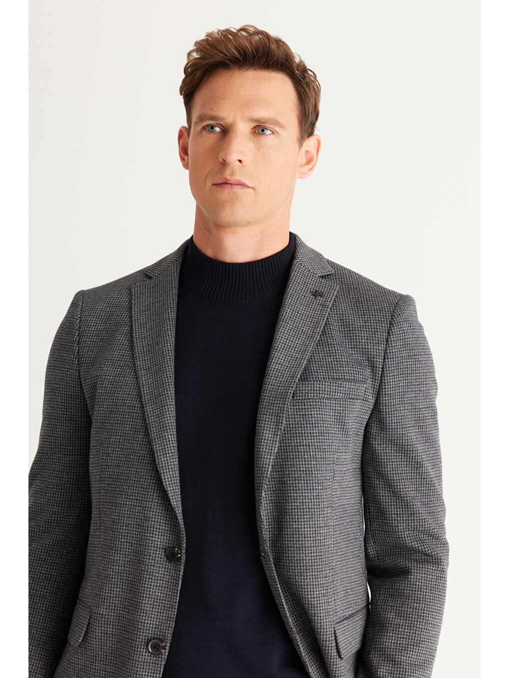 Erkek Lacivert-Gri Slim Fit Dar Kesim Mono Yaka Desenli Takım Elbise-2