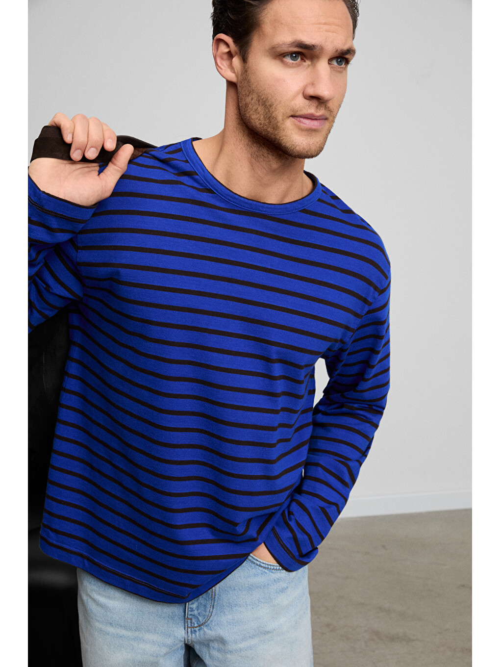 Mavi VIGOS Erkek %100 Organik Pamuklu Yuvarlak Yakalı Regular Fit Uzun Kollu MAVİ T-Shirt-2