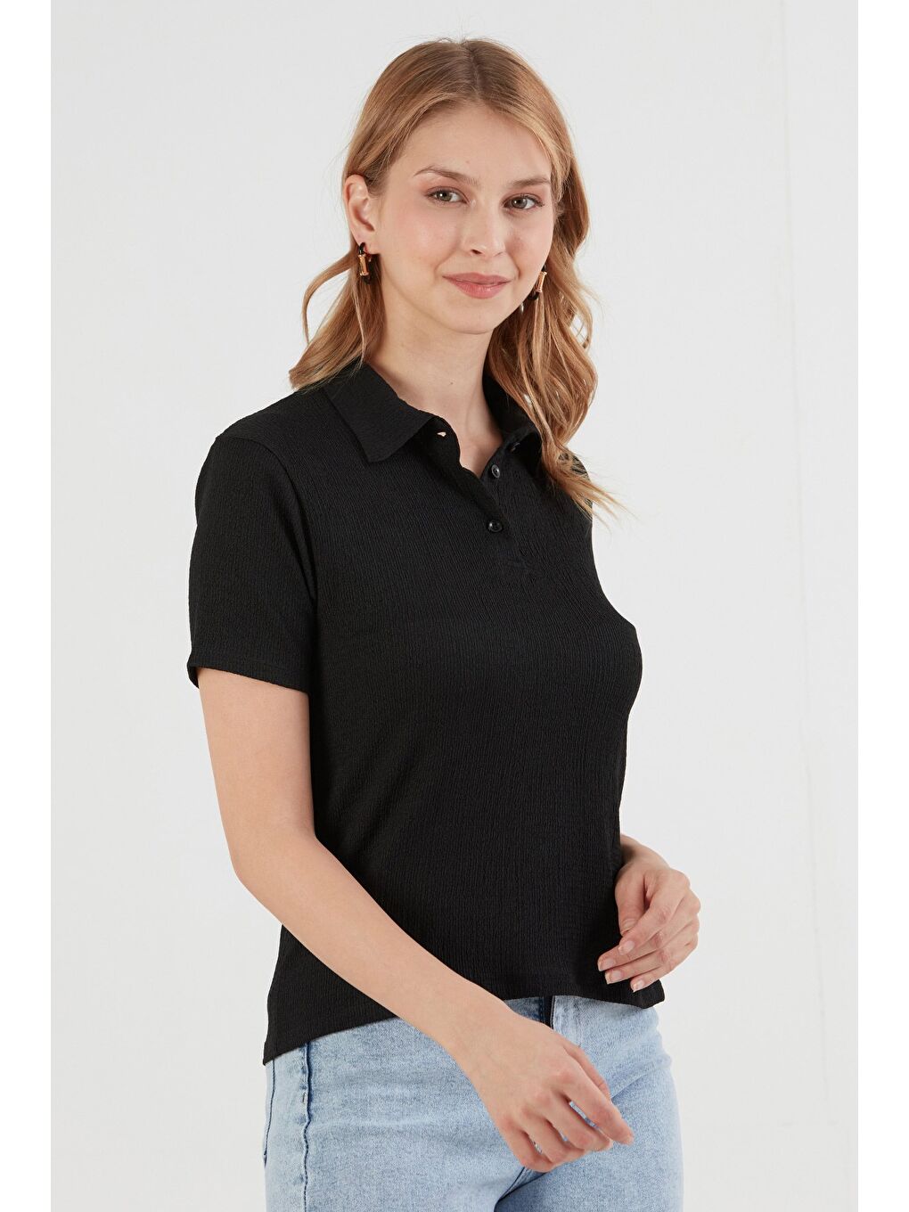 Siyah Bürümcük Kumaş Düğmeli Polo Yaka Tişört-1