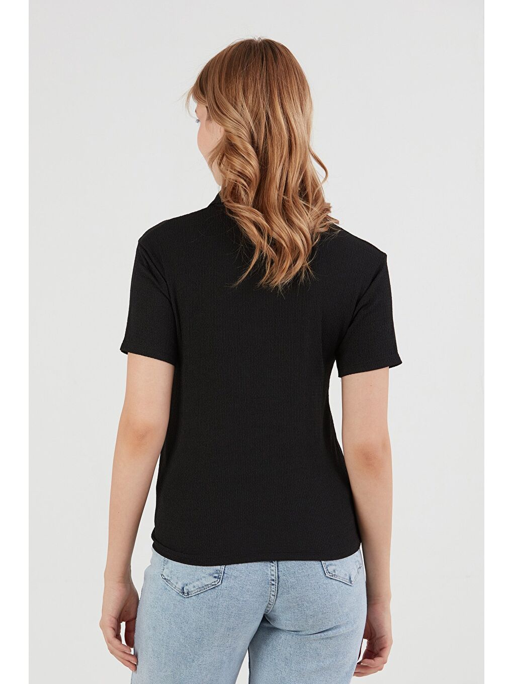 Siyah Bürümcük Kumaş Düğmeli Polo Yaka Tişört-2