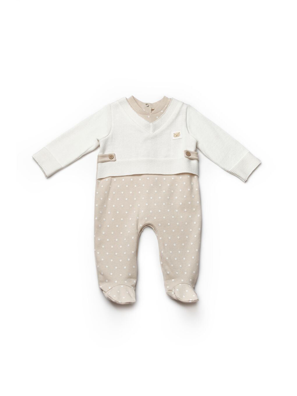 Karışık Erkek Bebek Pamuklu Bej Takım Görünümlü Tulum - Puantiyeli Ve Triko Yaka Detaylı-1