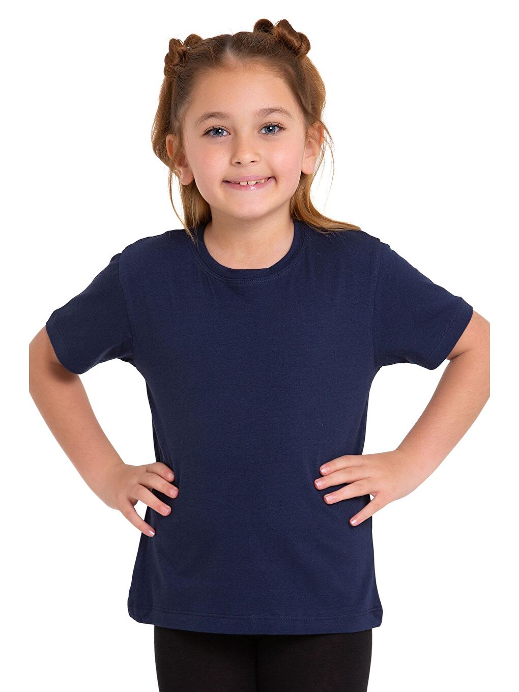 Bisiklet Yaka Kısa Kol Baskısız Lacivert Renk Kız Çocuk Tshirt