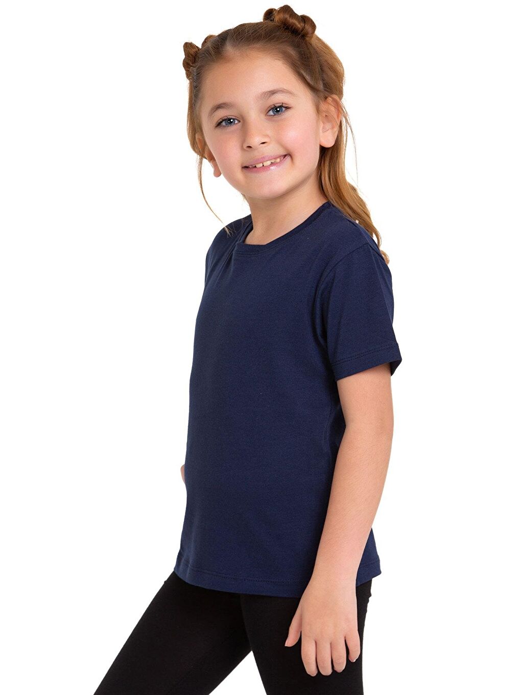 Bisiklet Yaka Kısa Kol Baskısız Lacivert Renk Kız Çocuk Tshirt-1