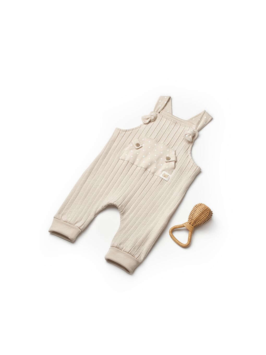 Pamuklu Unisex Bebek Bej Salopet - Nervürlü Kumaş Ve Puantiyeli Cep Detaylı
