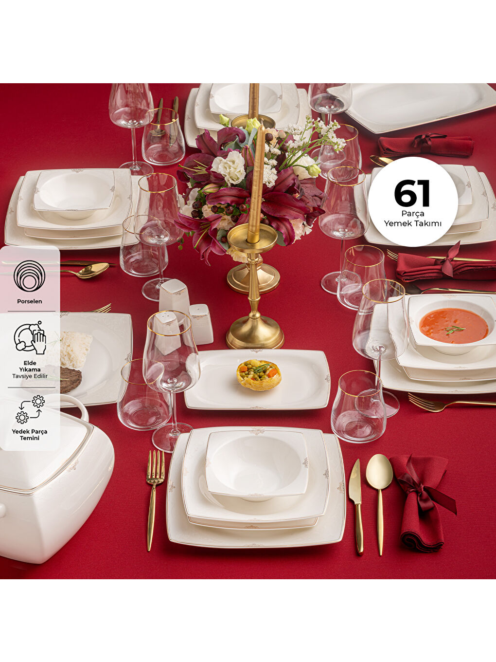 Beyaz Fine Bone Estiva Gold 61 Parça 12 Kişilik Kare Yemek Takımı-1