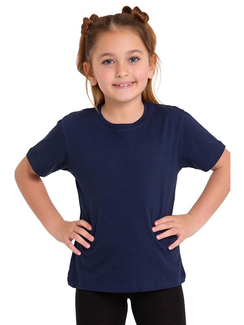 Bisiklet Yaka Kısa Kol Baskısız Lacivert Renk Kız Çocuk Tshirt-3