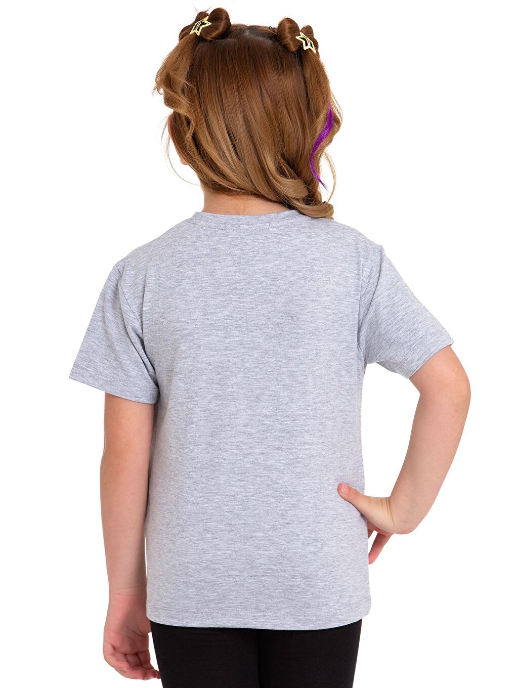 Bisiklet Yaka Kısa Kol Baskısız Gri Melanj Renk Kız Çocuk Tshirt-2