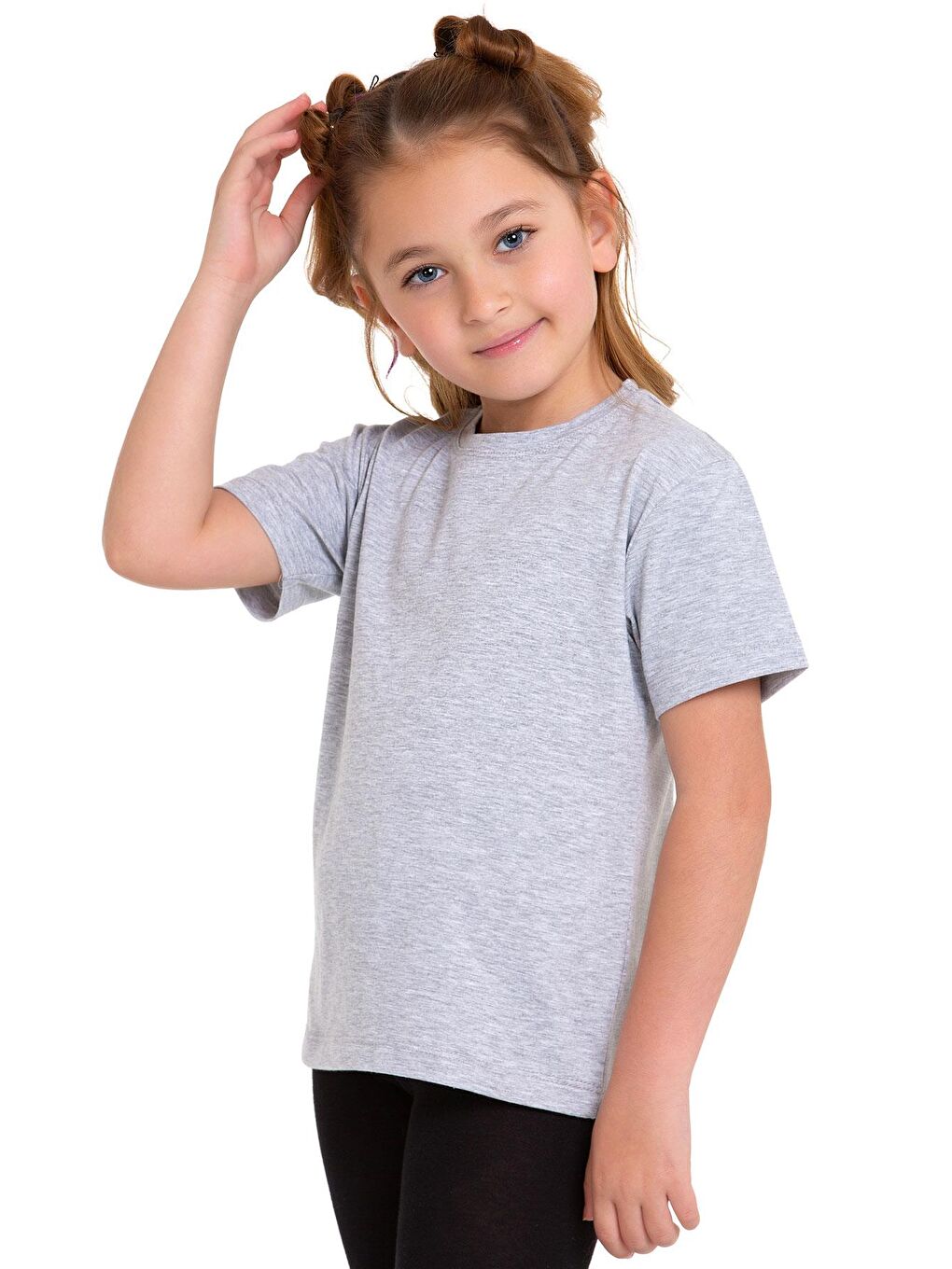 Bisiklet Yaka Kısa Kol Baskısız Gri Melanj Renk Kız Çocuk Tshirt-3