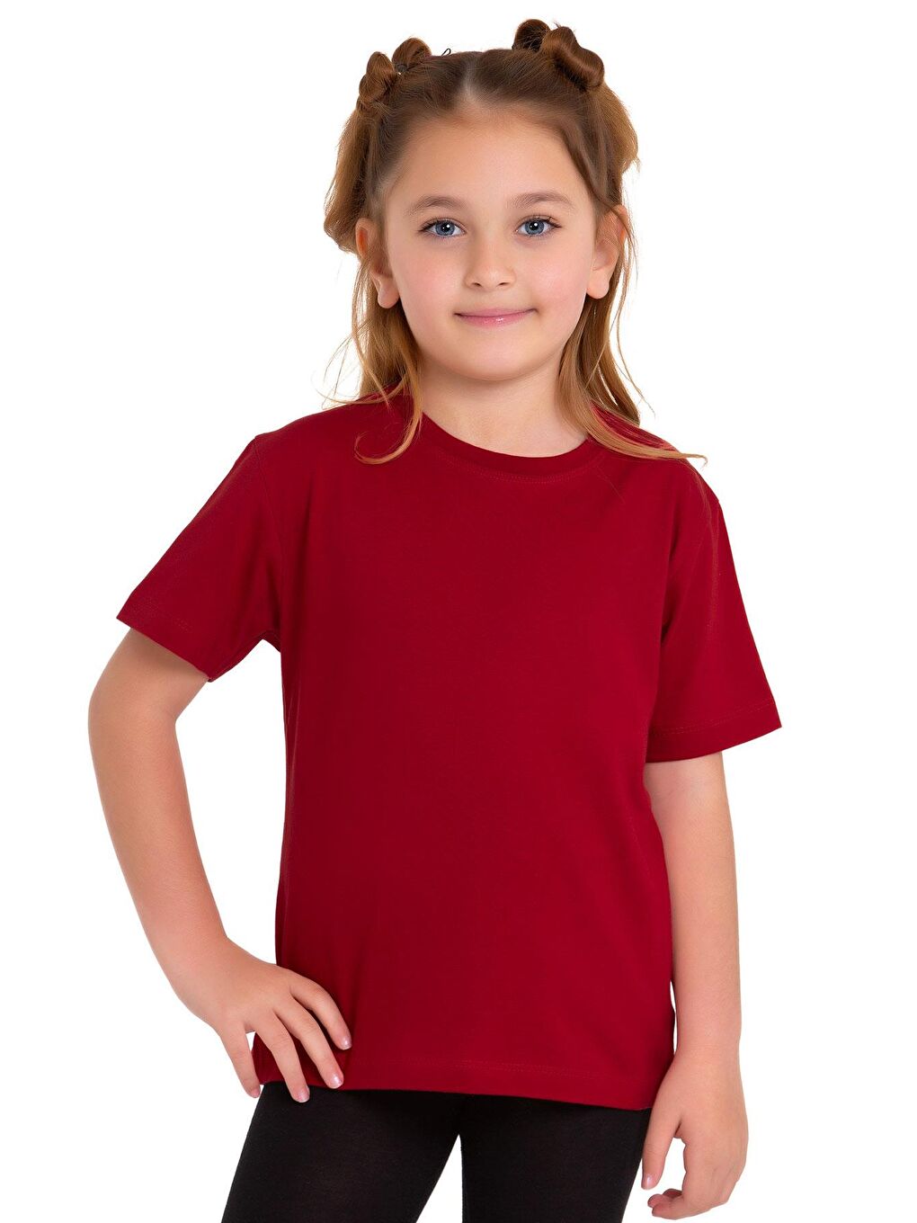 Bisiklet Yaka Kısa Kol Baskısız Bordo Renk Kız Çocuk Tshirt