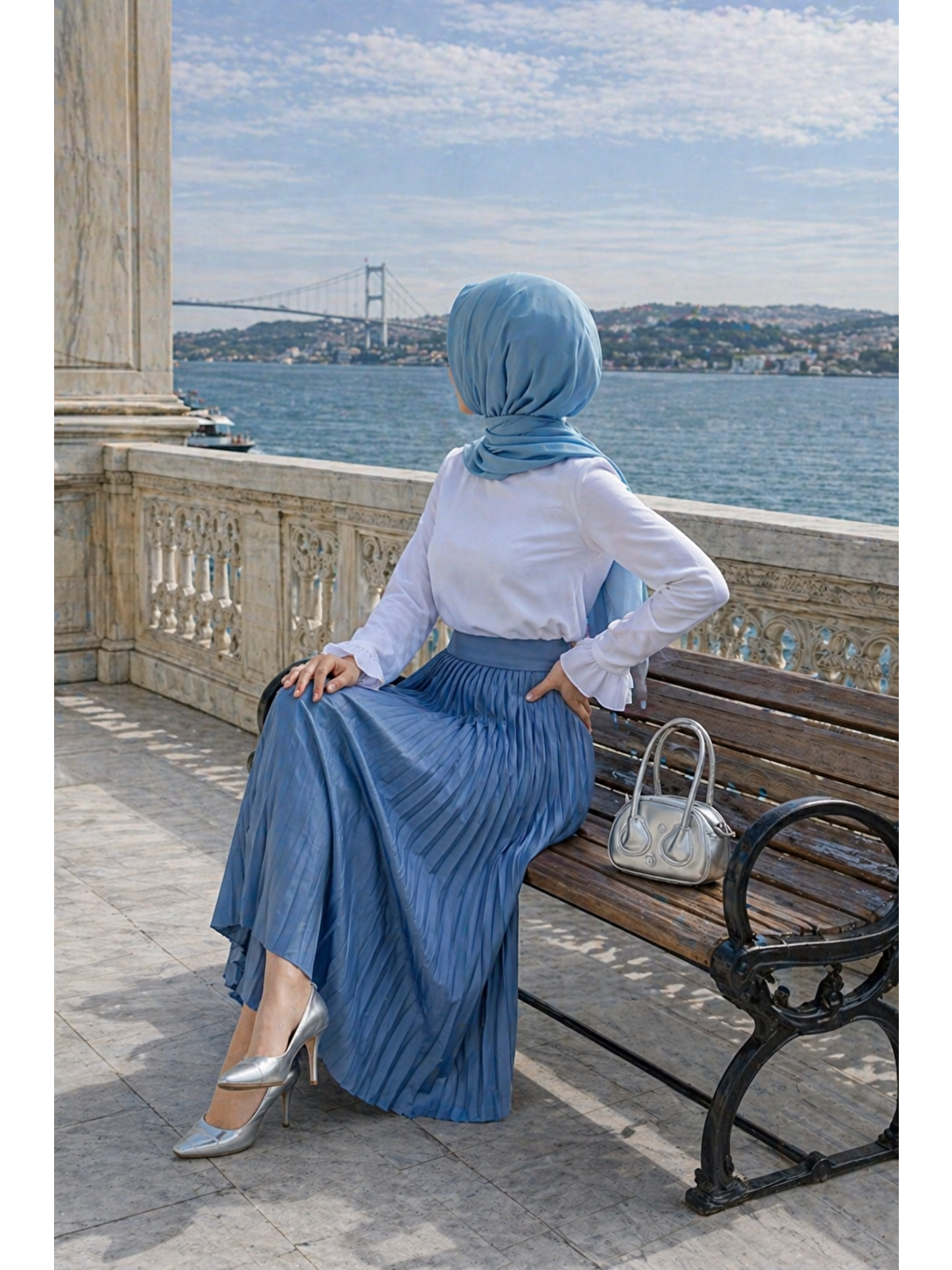 Kadın Premium Pileli İndigo Uzun Tesettür Etek-4