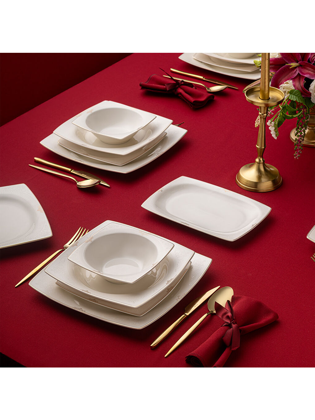 Beyaz Fine Bone Estiva Gold 61 Parça 12 Kişilik Kare Yemek Takımı-4