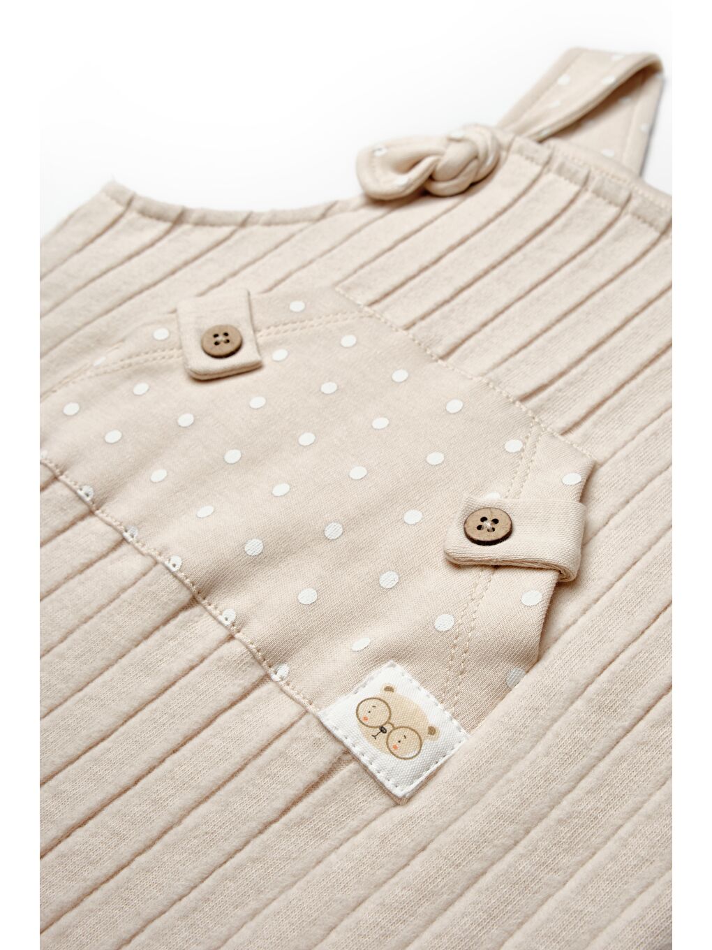 Pamuklu Unisex Bebek Bej Salopet - Nervürlü Kumaş Ve Puantiyeli Cep Detaylı-1
