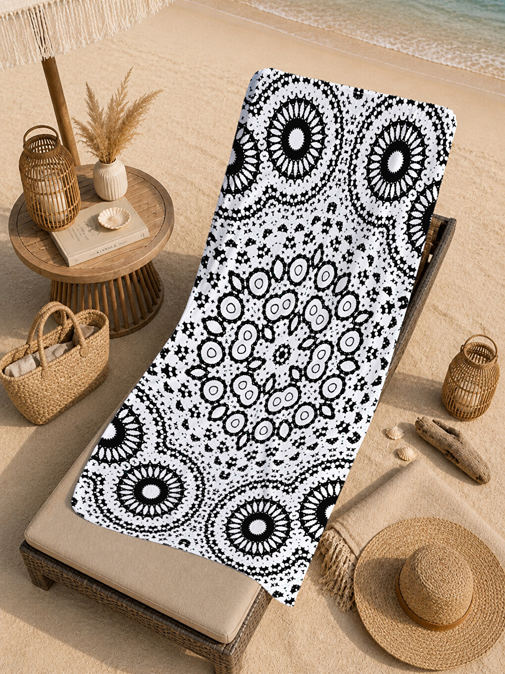 Beyaz Siyah Mandala Desenli 70x150 Cm Dijital Baskılı Plaj Ve Banyo Havlusu-4