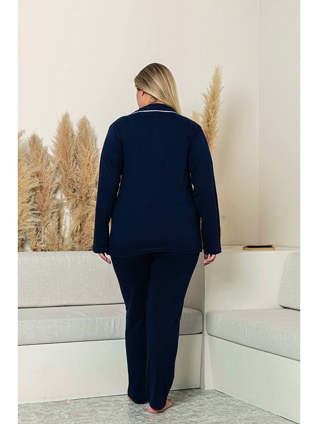 Lacivert Kadın %100 Organik Pamuk Doğal Gömlek Yaka Düğmeli Uzun Kollu Biyeli Battal Pijama Takımı-1
