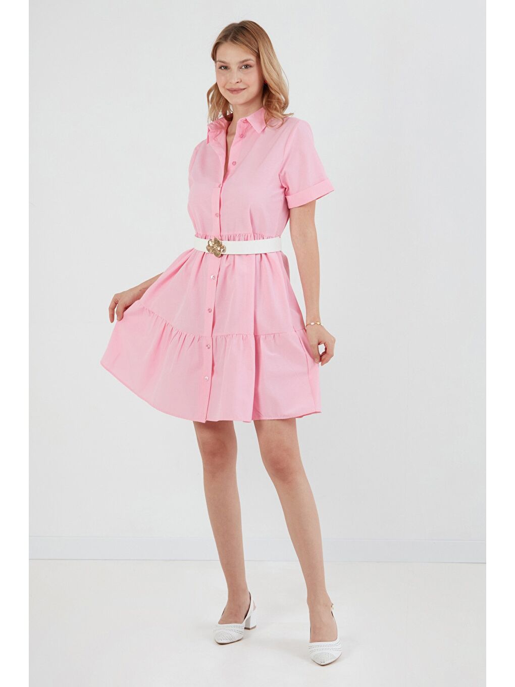 Pembe Gömlek Yaka Düğme Detaylı Terikoton Elbise