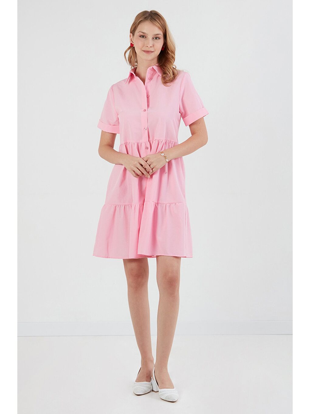 Pembe Gömlek Yaka Düğme Detaylı Terikoton Elbise-2