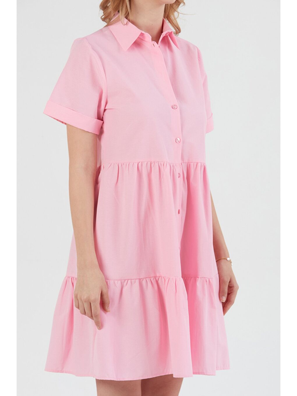 Pembe Gömlek Yaka Düğme Detaylı Terikoton Elbise-3