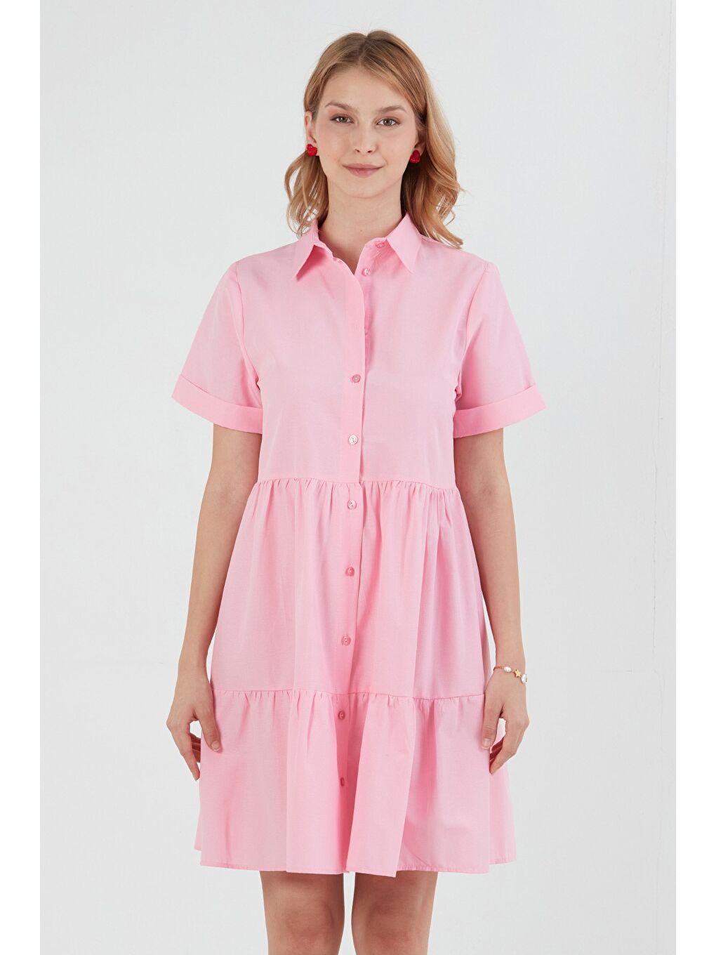 Pembe Gömlek Yaka Düğme Detaylı Terikoton Elbise-4
