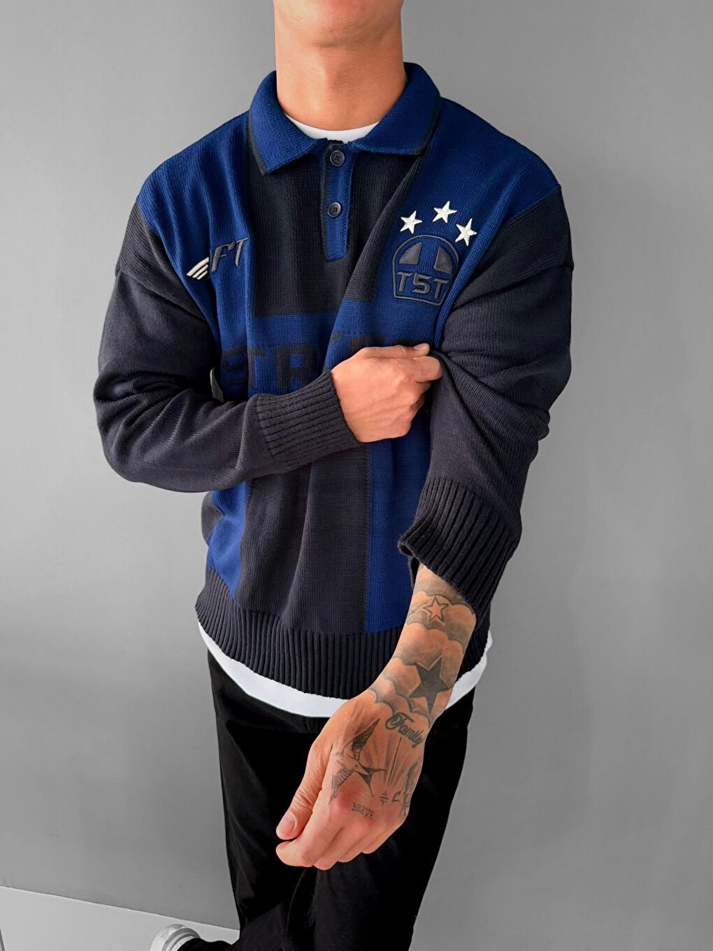 Erkek Polo Yaka Rahat Kalıp Nakışlı Kazak Lacivert Parlament-2