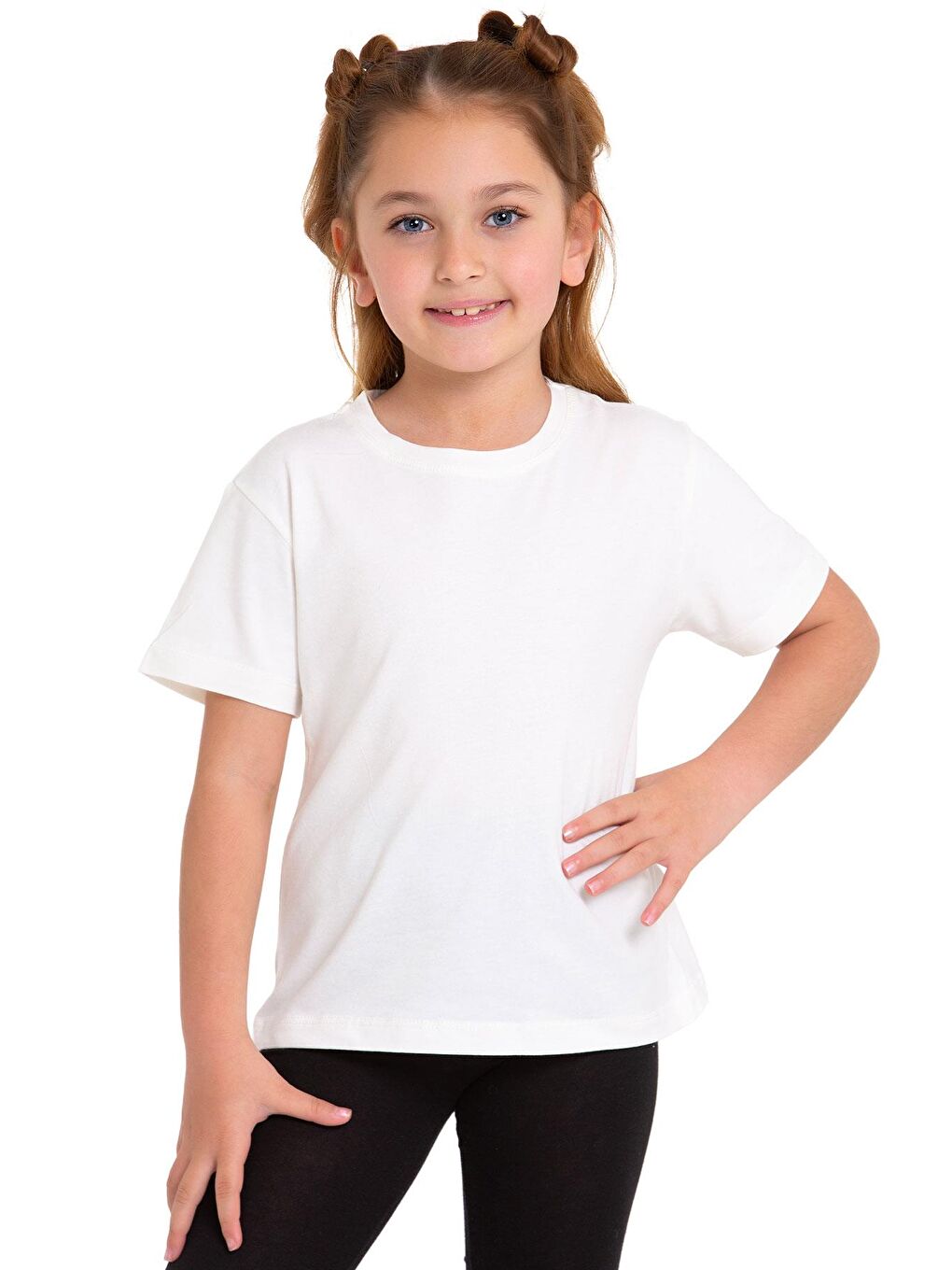 Bisiklet Yaka Kısa Kol Baskısız Ekru Renk Kız Çocuk Tshirt