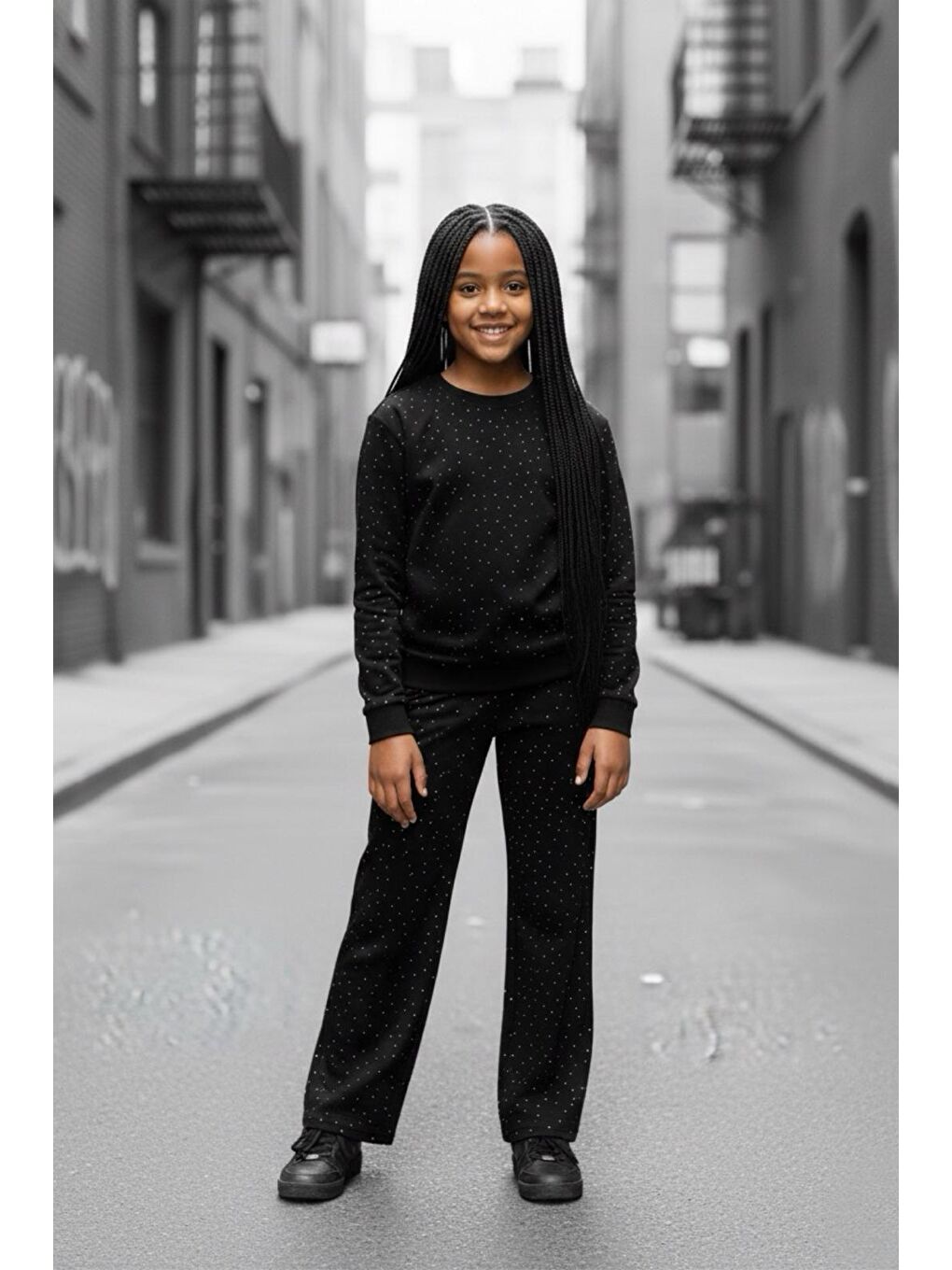 Siyah Kız Çocuk Taşlı Elegance İkili Takım TKM9049