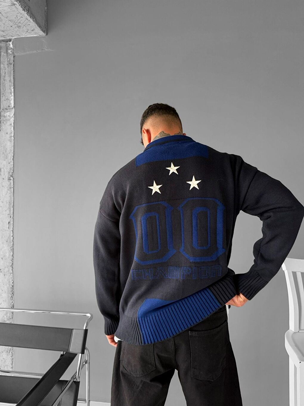 Erkek Polo Yaka Rahat Kalıp Nakışlı Kazak Lacivert Parlament-3