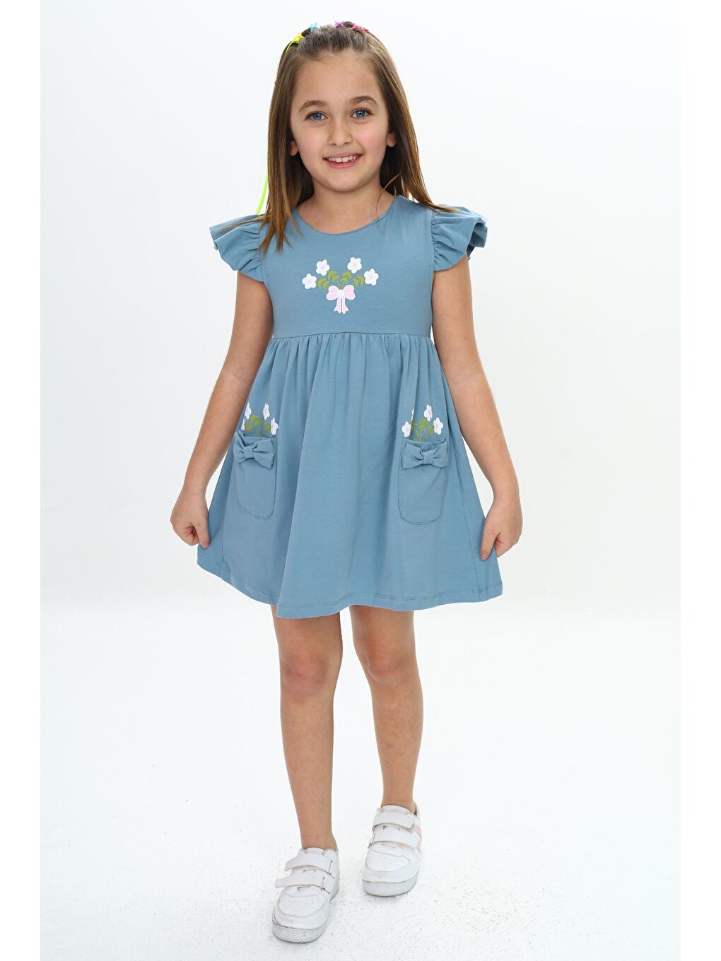 Mavi Kız Çocuk Cepli Çiçek Baskılı Elbise