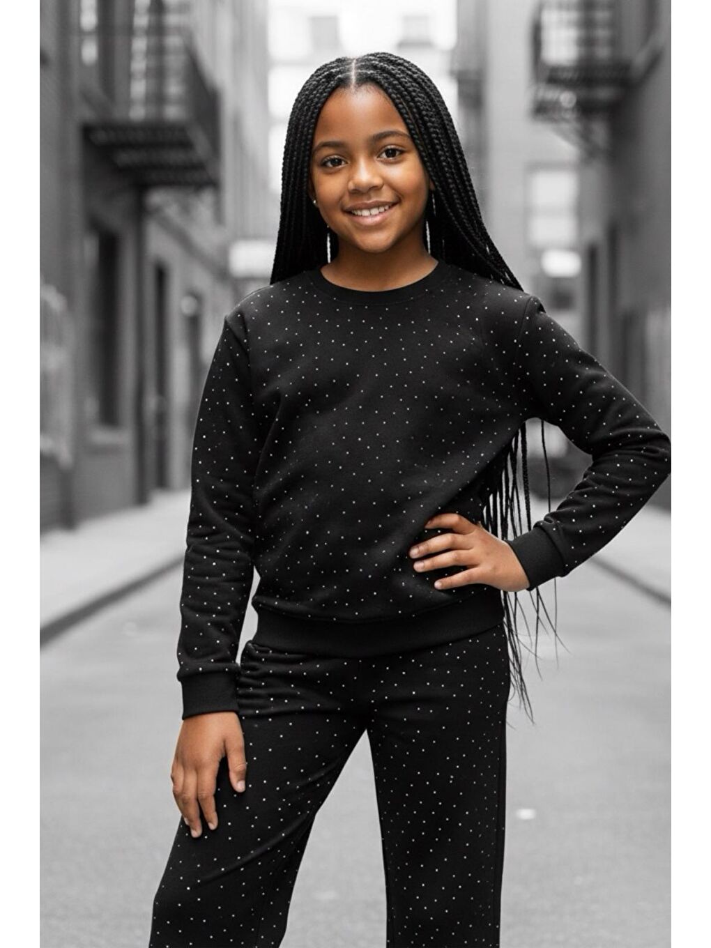 Siyah Kız Çocuk Taşlı Elegance İkili Takım TKM9049-1