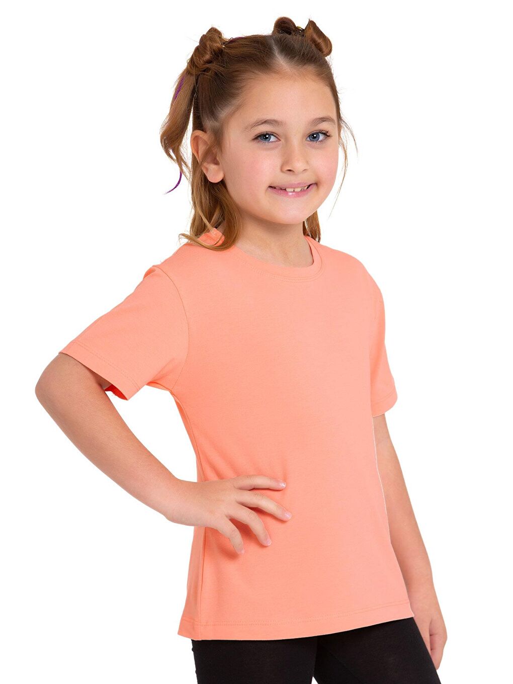 Pembe Bisiklet Yaka Kısa Kol Baskısız Somon Renk Kız Çocuk Tshirt-1