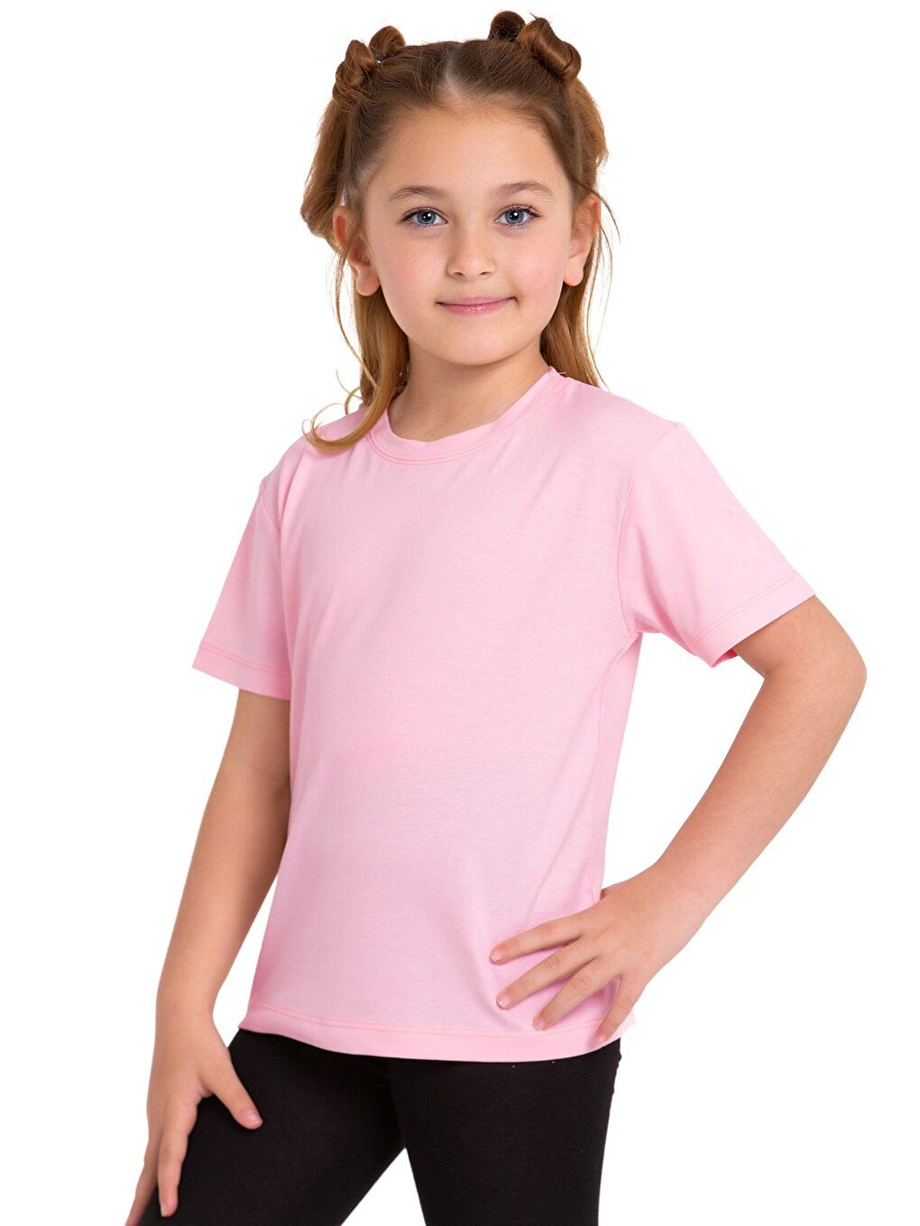 Bisiklet Yaka Kısa Kol Baskısız Pembe Renk Kız Çocuk Tshirt-1