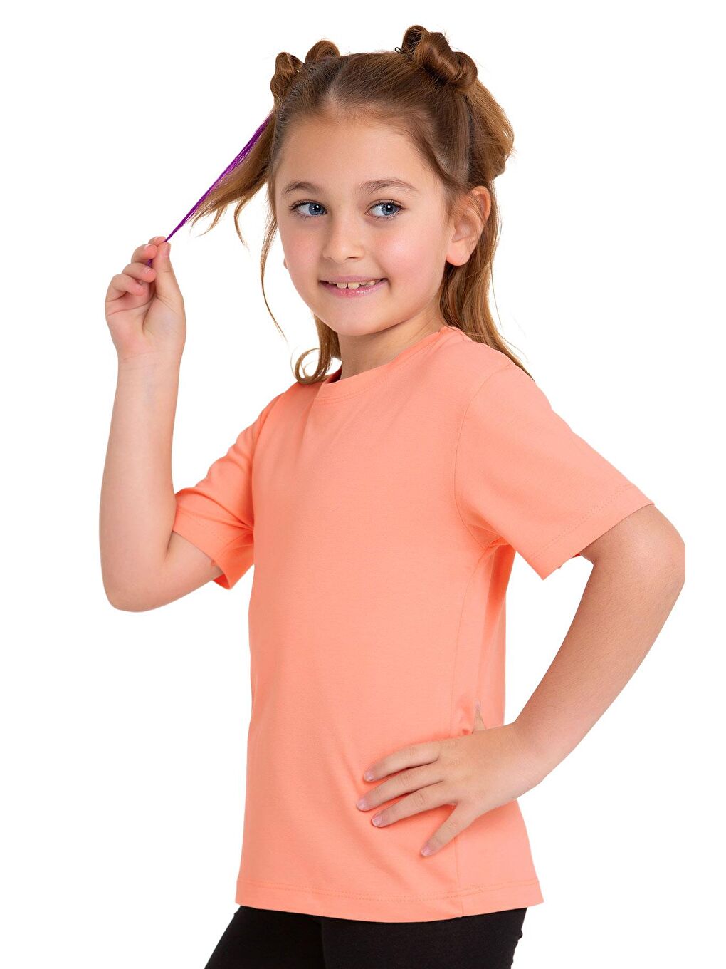 Pembe Bisiklet Yaka Kısa Kol Baskısız Somon Renk Kız Çocuk Tshirt-2