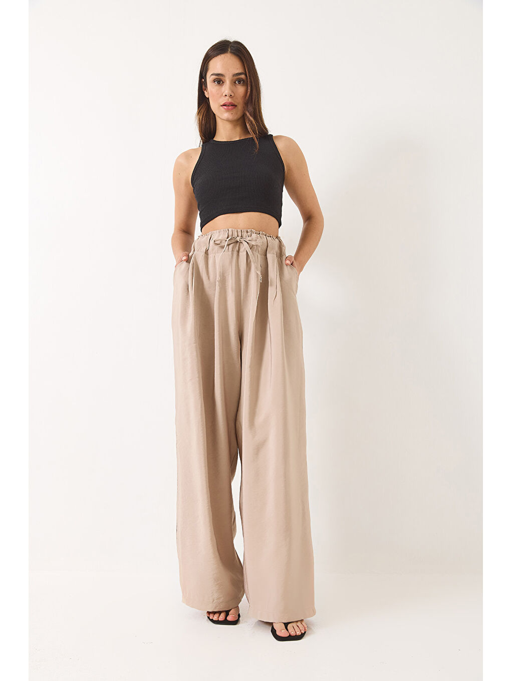 Bej Kadın Yüksek Bel Geniş Lastikli Oversize Palazzo Pantolon-2