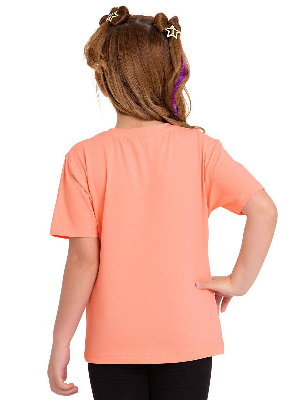 Pembe Bisiklet Yaka Kısa Kol Baskısız Somon Renk Kız Çocuk Tshirt-3