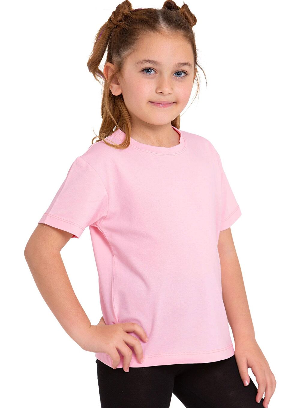 Bisiklet Yaka Kısa Kol Baskısız Pembe Renk Kız Çocuk Tshirt-3