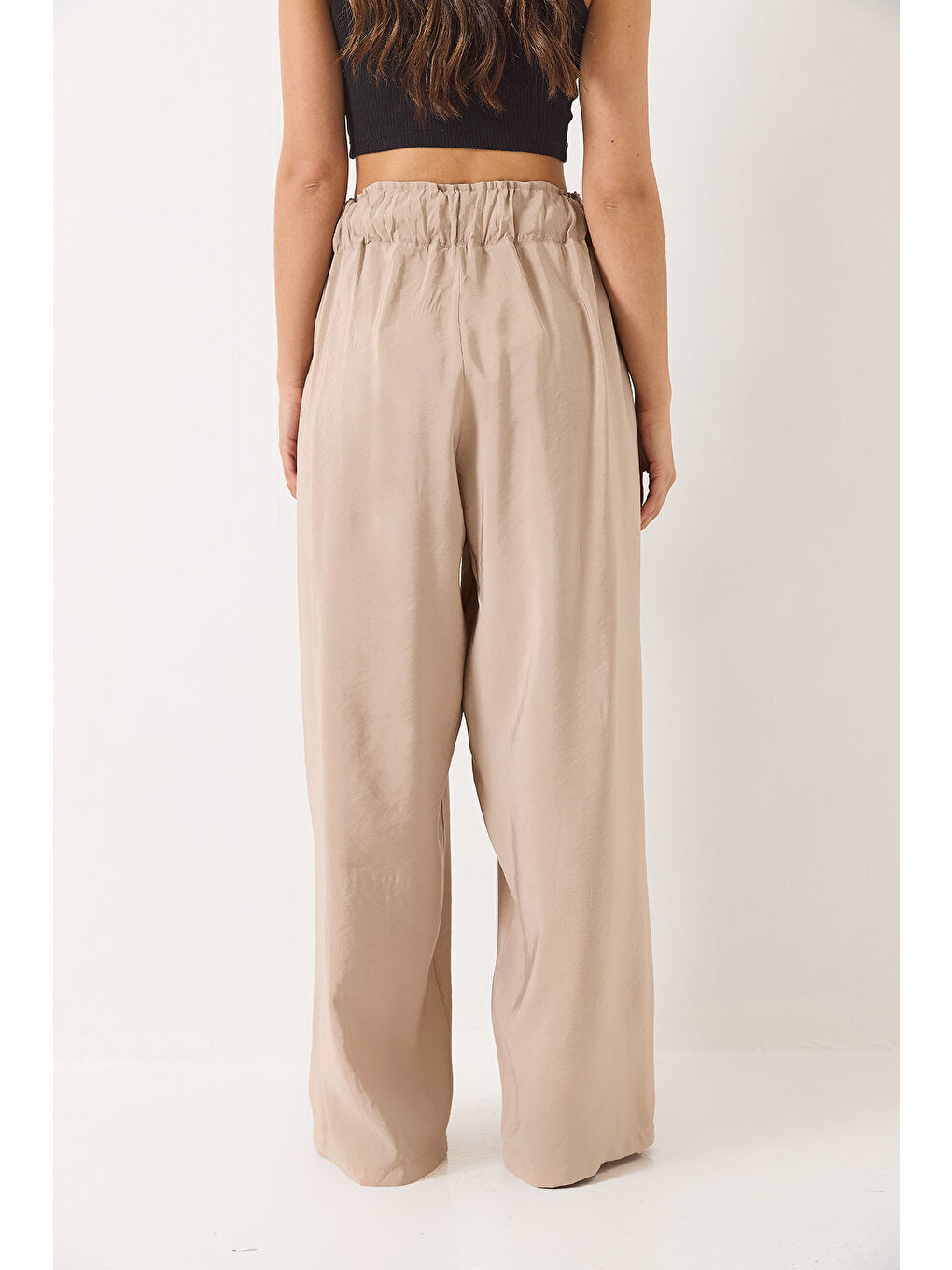 Bej Kadın Yüksek Bel Geniş Lastikli Oversize Palazzo Pantolon-6