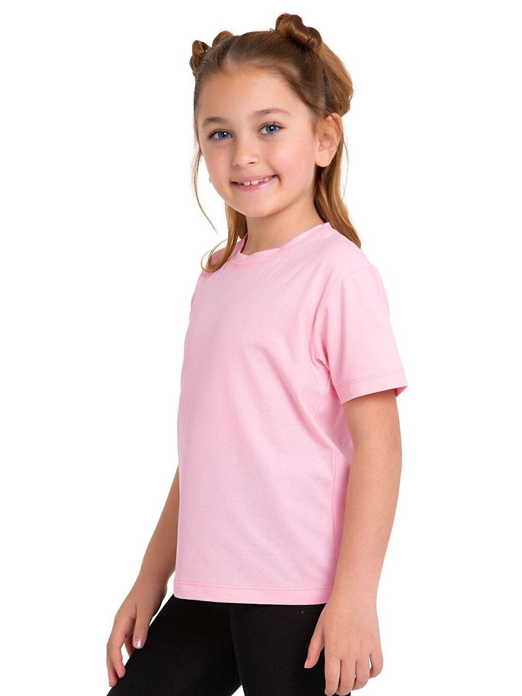 Bisiklet Yaka Kısa Kol Baskısız Pembe Renk Kız Çocuk Tshirt-4