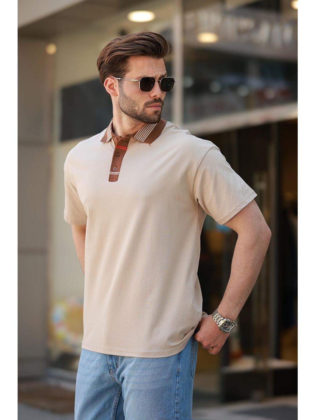 Bej Polo Yaka Erkek T-Shirt E7147