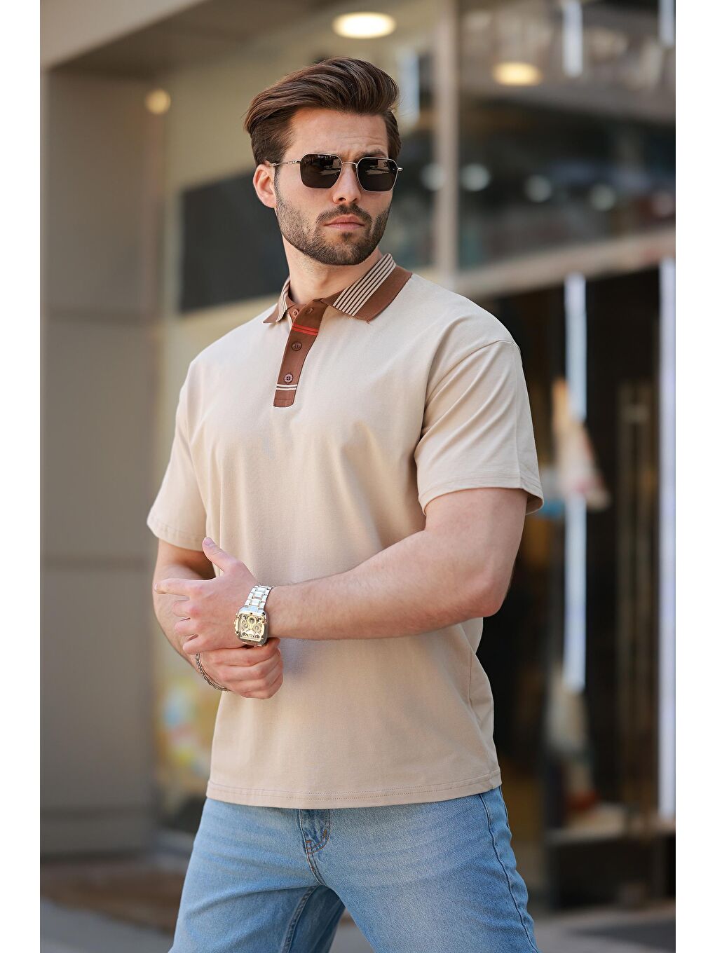 Bej Polo Yaka Erkek T-Shirt E7147-1