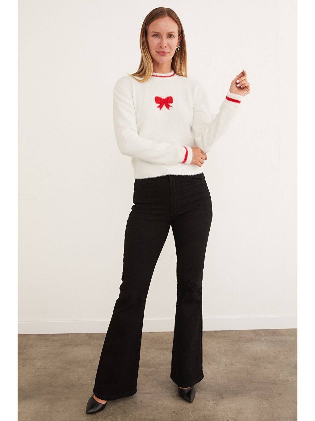 Ekru Kurdele Desenli Bisiklet Yaka Sakallı Kazak-2