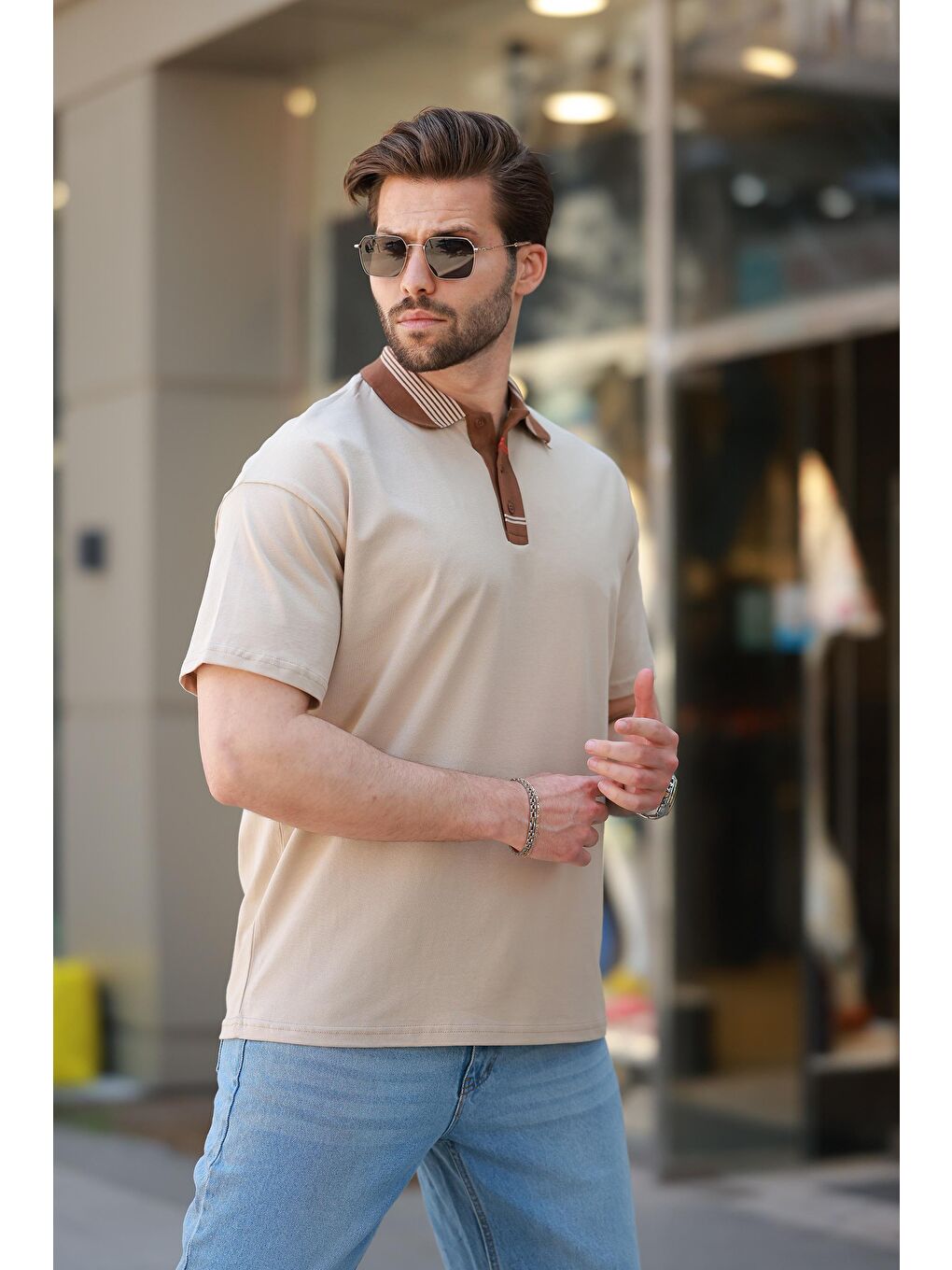 Bej Polo Yaka Erkek T-Shirt E7147-2