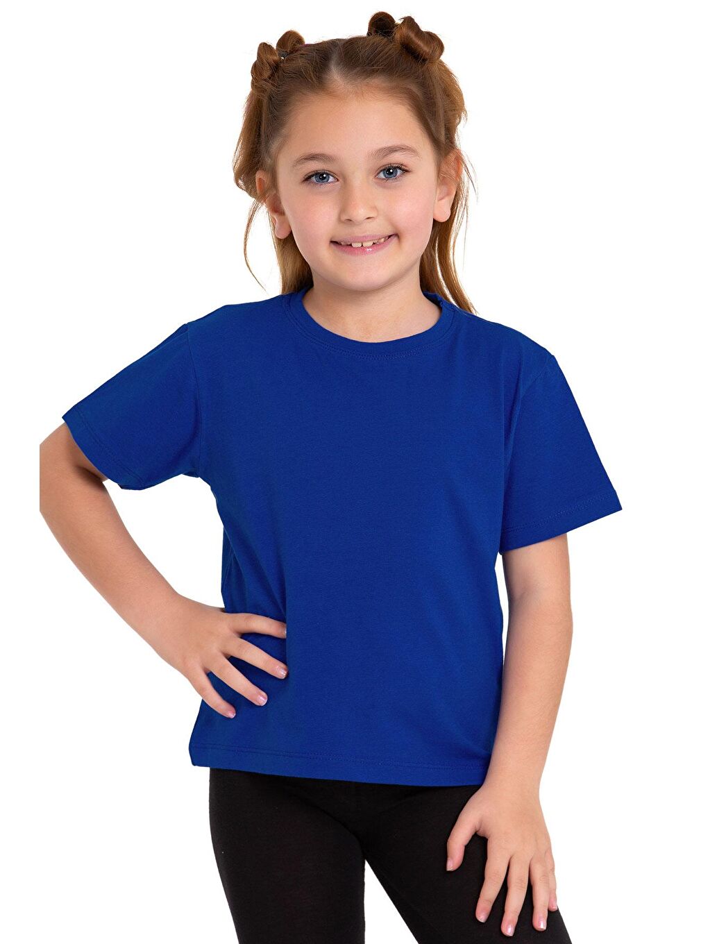 Mavi Bisiklet Yaka Kısa Kol Baskısız Saks Renk Kız Çocuk Tshirt