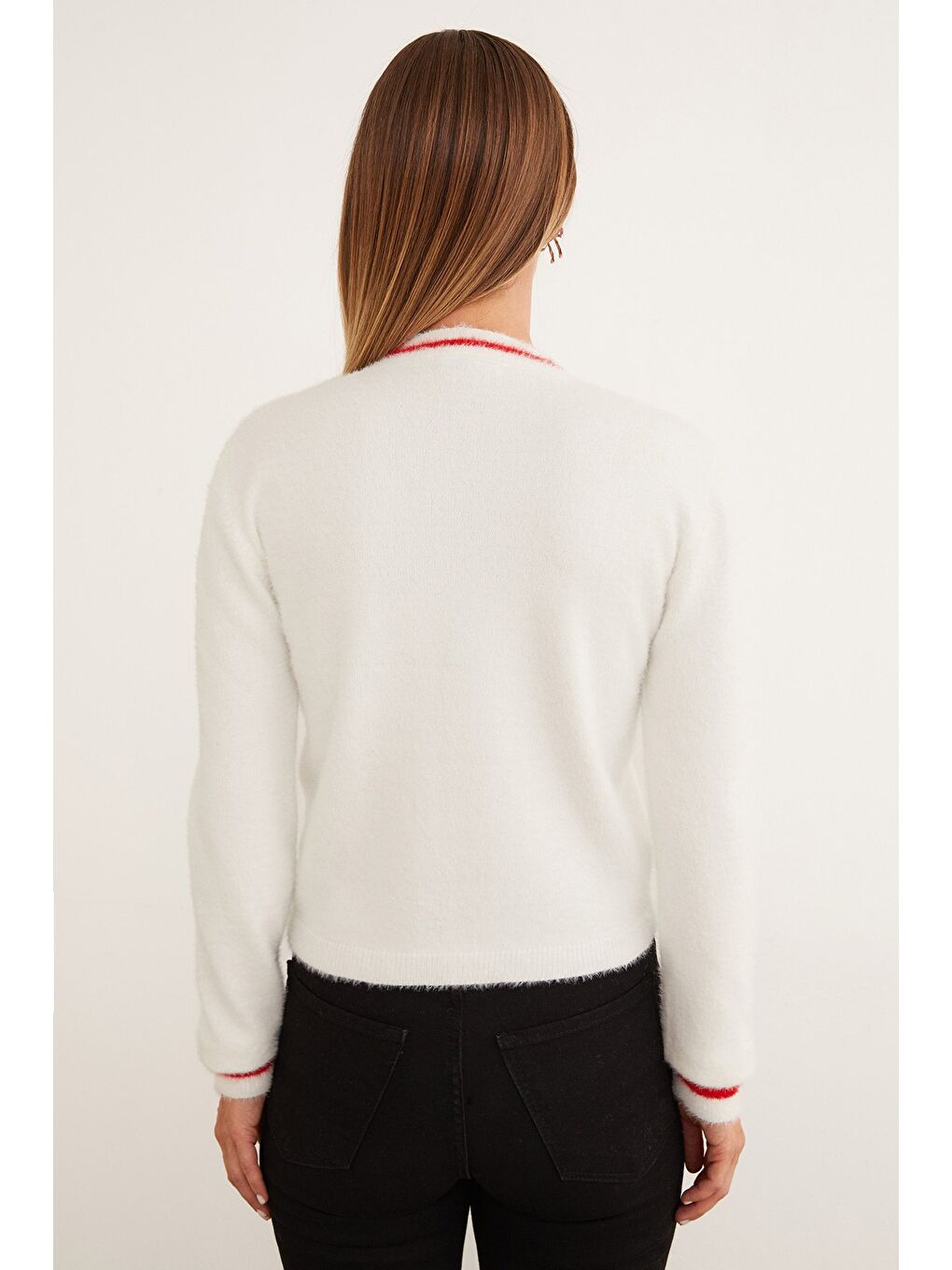 Ekru Kurdele Desenli Bisiklet Yaka Sakallı Kazak-3