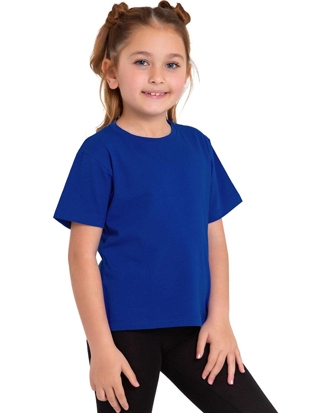 Mavi Bisiklet Yaka Kısa Kol Baskısız Saks Renk Kız Çocuk Tshirt-1