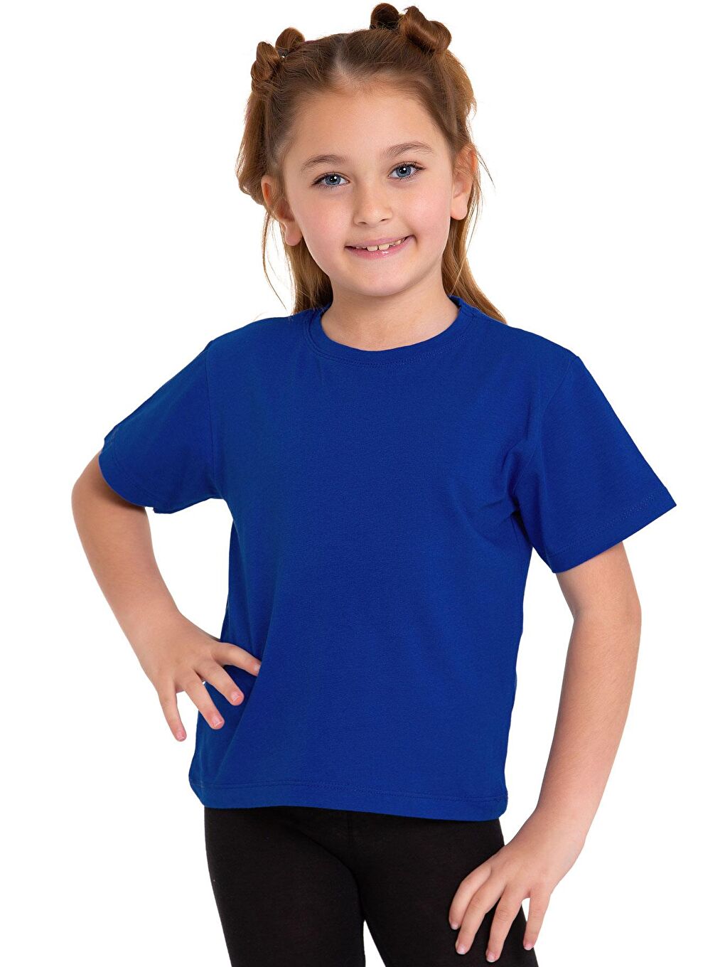 Mavi Bisiklet Yaka Kısa Kol Baskısız Saks Renk Kız Çocuk Tshirt-2