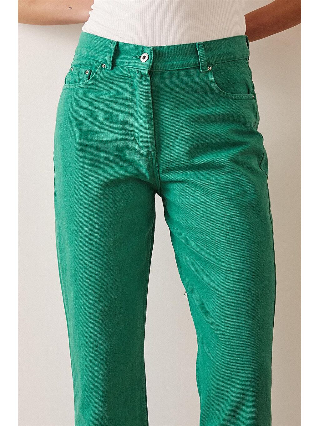 Yeşil Paçası Püsküllü Denim Jean-1