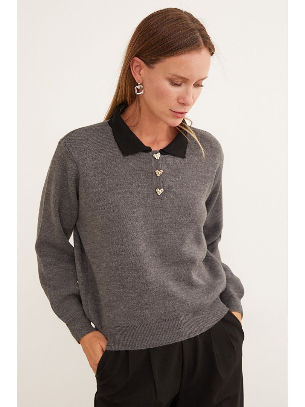 Antrasit Basic Gömlek Yaka Yarım Düğmeli Triko Kazak-1