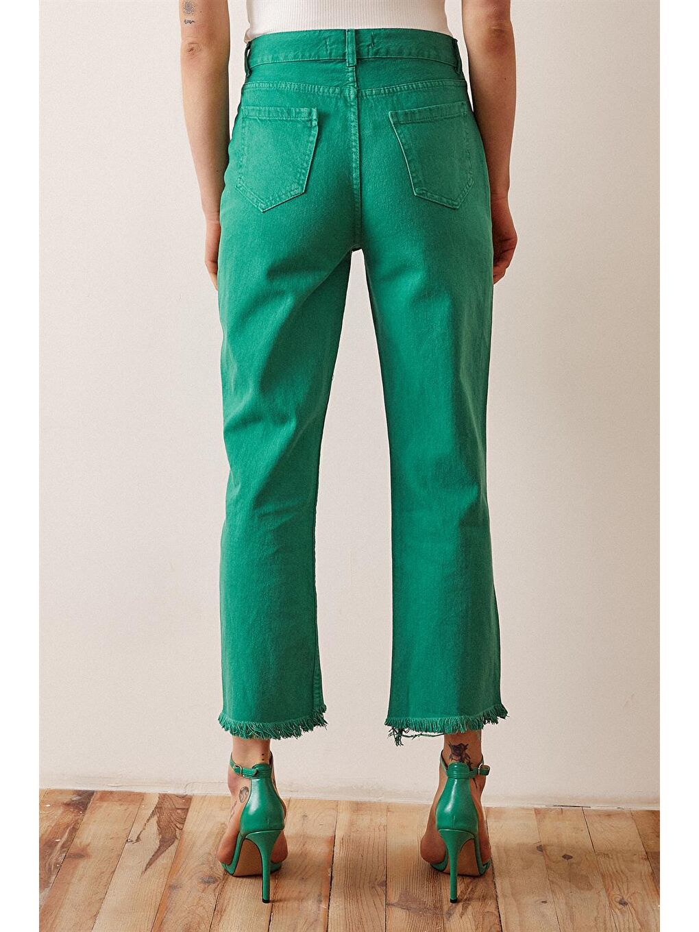 Yeşil Paçası Püsküllü Denim Jean-2