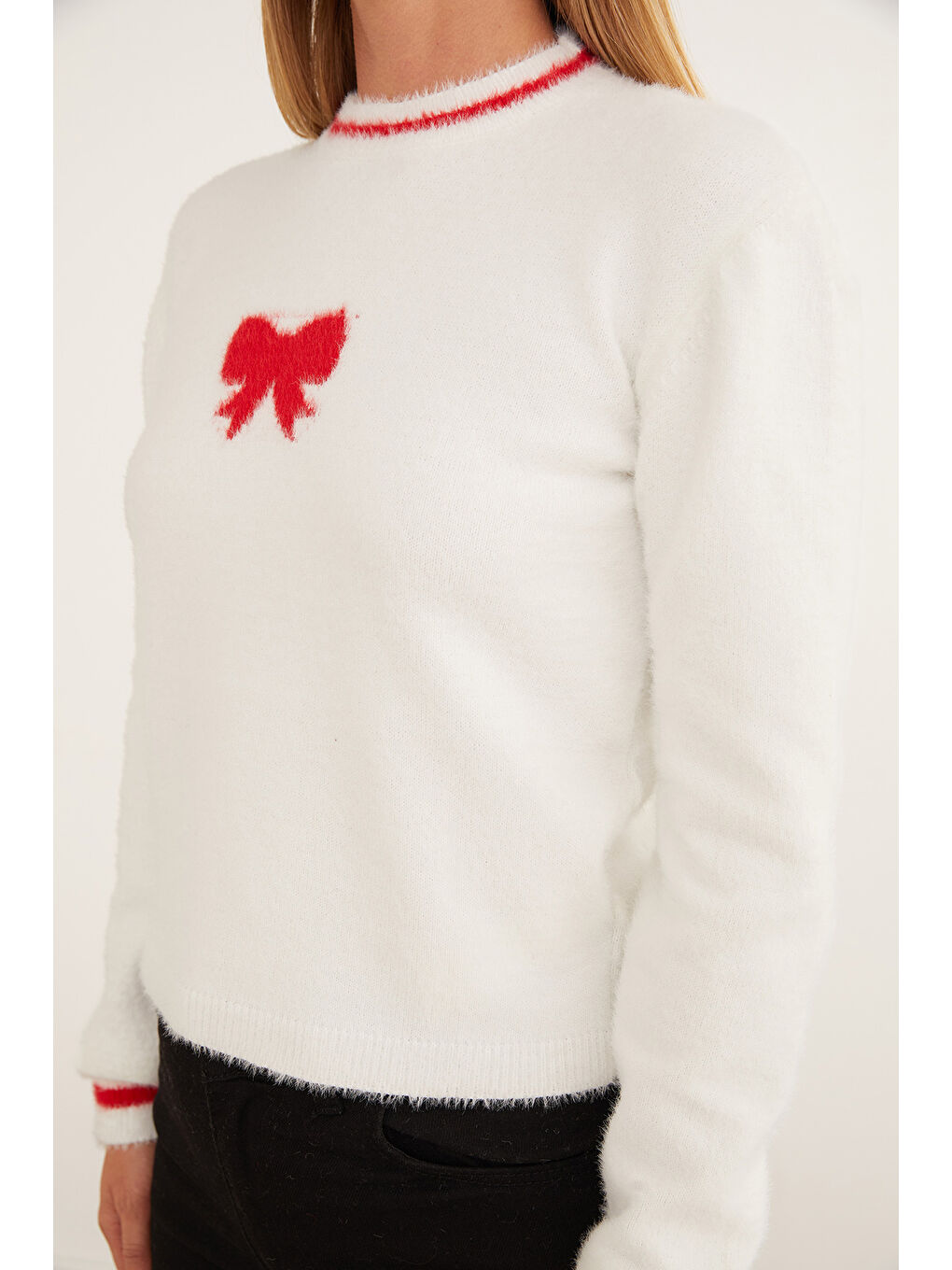 Ekru Kurdele Desenli Bisiklet Yaka Sakallı Kazak-4